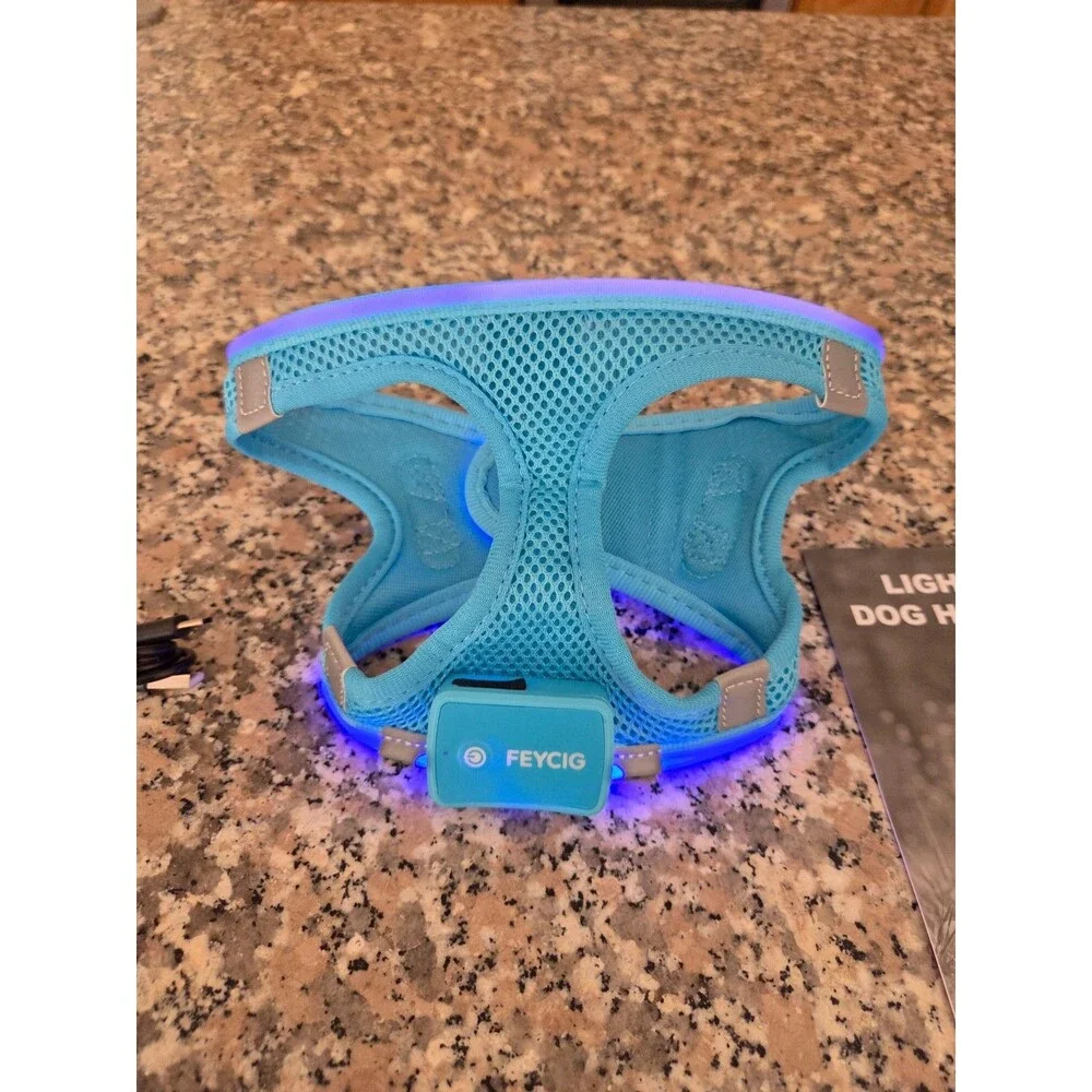 Feycig LED Light Up Dog Harness, Fluorescent Blue, Small, USB Rechargeable